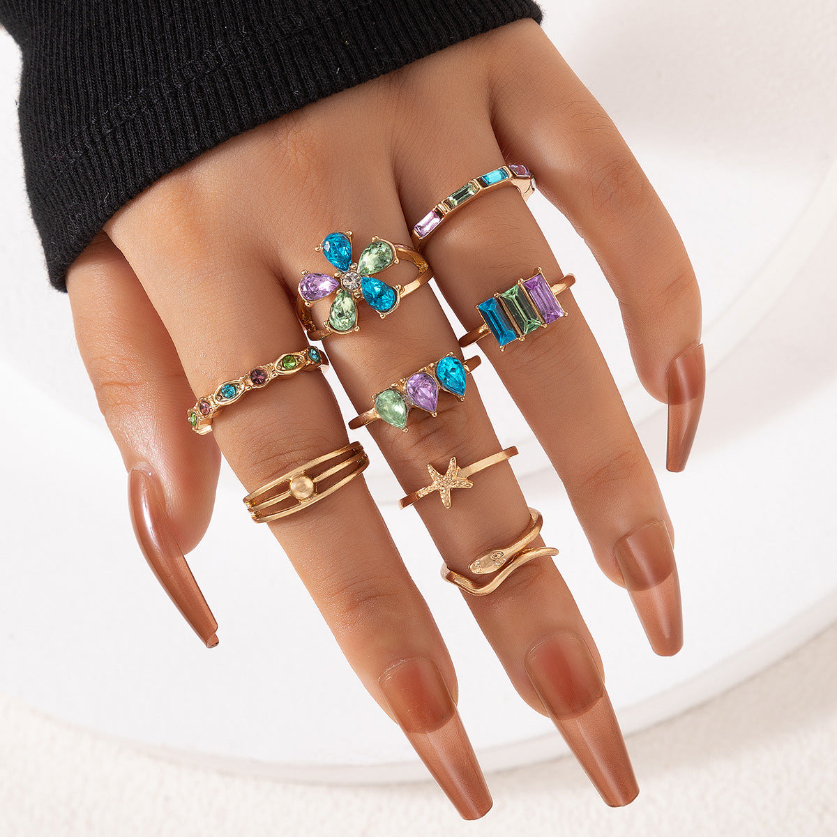 Wholesale Colorful diamond flower ring snake scallop eight-piece set